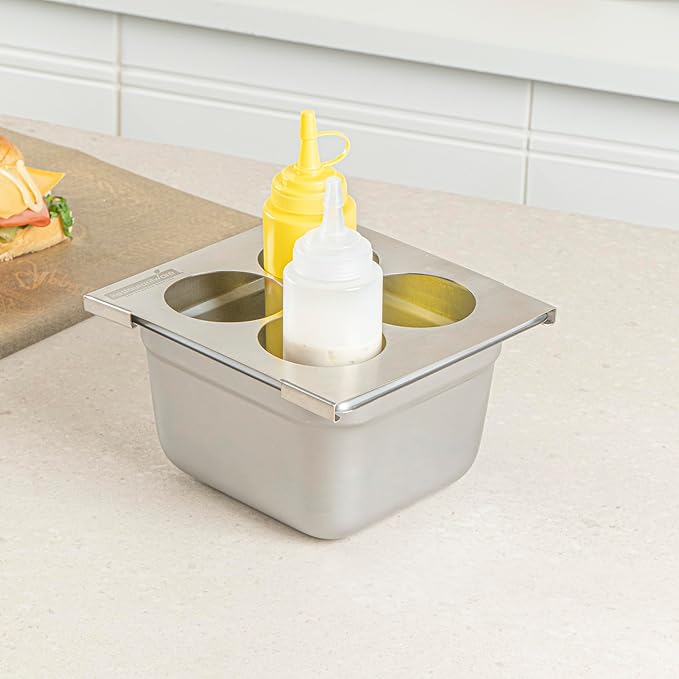Restaurantware Squeeze Bottle Template Pack of 1 Stainless Steel 4 Hole Holder Top, 2.5" Diameter Fits 1/6 Size Food Pans, Dishwasher Friendly Integrated Lip Design Holder Top for Condiment Bottles