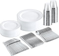 bUCLA 150-Piece Silver Disposable Dinnerware Set - White Plastic Plates with Silver Rim - Include 25 Dinner Plates, 25 Dessert Plates, 25 Forks, 25 Knives, 25 Spoons & 25 Cups for Party & Christmas