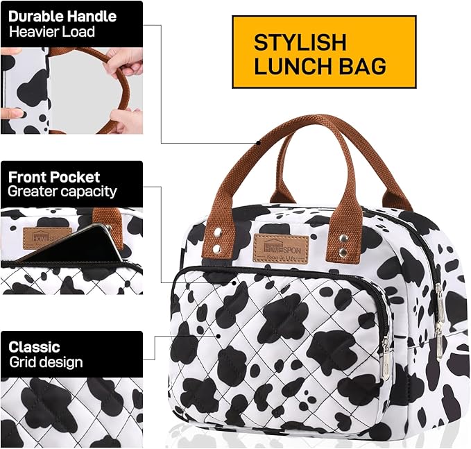 HOMESPON Lunch Bag for Woman Man Adults with Front Pocket Insulated Lunch Tote Lunch Box Container for Work Picnic or Travel(Cow)