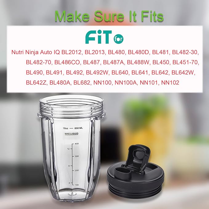 [Upgraded] Replacement 18oz Cups for Nutri Ninja Blenders, Blender Replacement Parts with Upgraded Lid For Auto-IQ BL480, BL482, BL490, BL640, BL642, & BL680 Auto IQ Series Blenders., 2 Pack