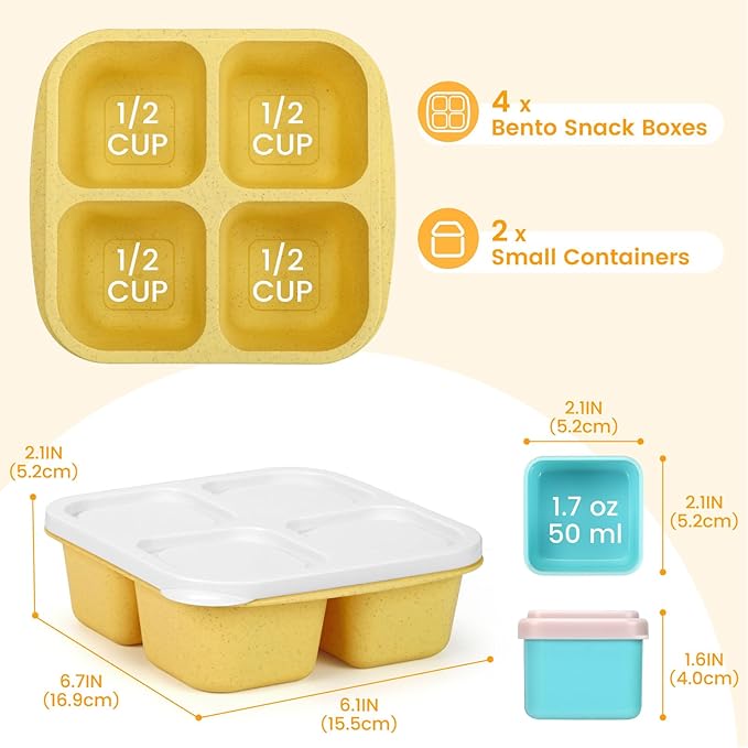 Caperci Lunchable Snack Containers - 4 Compartments Bento Snack Boxes (4 Pack) with 2 Leakproof Sauce Cups, Reusable Divided Food Containers for School, Work, Travel (Vintage Colors)