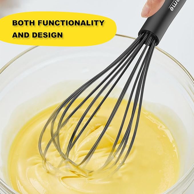 NileHome Silicone Whisk Set 10" 12" Kitchen Whisk Kitchen Wisk Wire Whisks for Cooking, Whisking, Blending, Beating, Stirring-Black