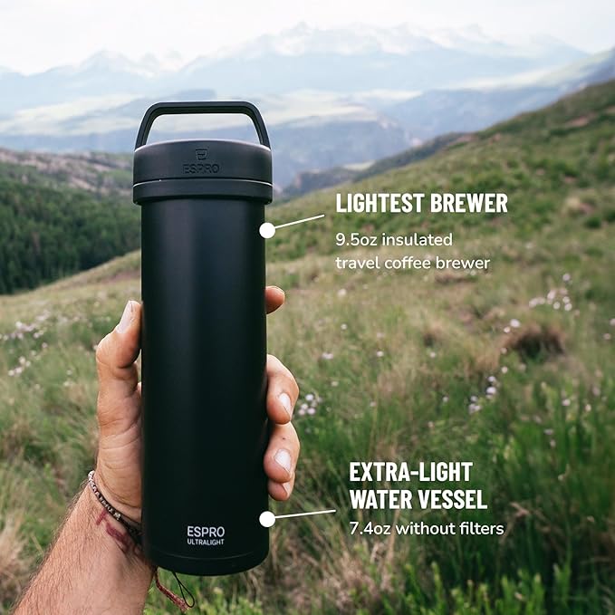 ESPRO P0 Ultralight French Press Coffee Maker for Travel, Vacuum Insulated Stainless Steel, 16 Ounces, Matte Meteorite Black