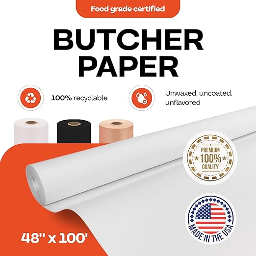 White Butcher Paper Roll 48" x 1200" (100 feet) - USA-Made Natural Food-Grade Paper for Cooking Meat and Fish - Unwaxed Material for Smoker, BBQ & Grilling by IDL Packaging