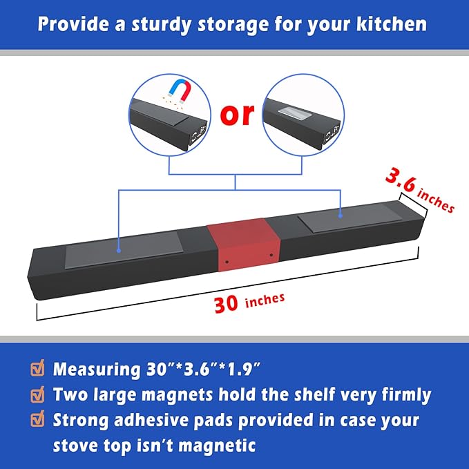 30" Magnetic Stove Top Shelf – Black Spice Rack with Red HOME Design – Seasoning Organizer for Back of Stove – Over Stove and Kitchen Storage Shelf