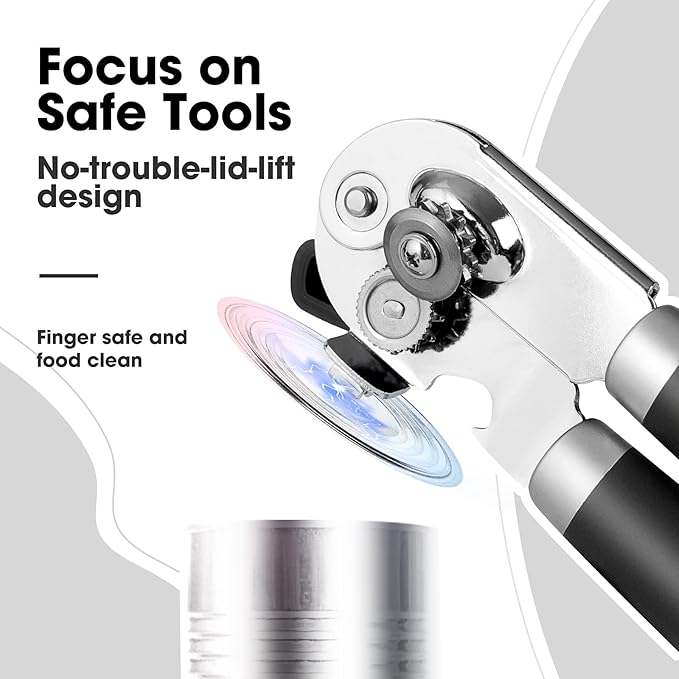 Beneno Heavy Duty Hand Can Opener Manual with Magnet, Durable Sharp Carbon Steel Blade Smooth Cutting, Big Effort-Saving Knob & Soft Grip Handle, Multifunctional Kitchen Tool with Bottle Opener, Black
