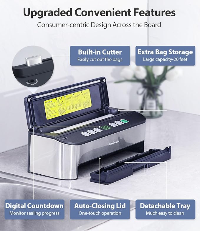 PressFree TRUE-Auto Vacuum Sealer Machine, Beelicious Pro 85KPA Fully Automatic 8-IN-1 Food Sealer with Bags Storage, Build-in Cutter, Moist Mode and Air Suction Hose |Sous Vide | Digital Countdown