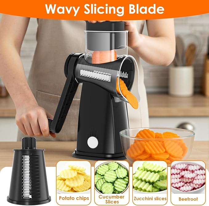 5 Blade Rotary Cheese Grater and Vegetable Chopper with Storage Box and Hand Crank, Compact Shredder for Cheeses, Veggies, Nuts - Easy to Use, Non-slip Suction Base,Black