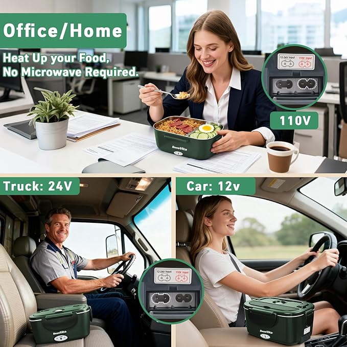 Electric Lunch Box for Adults, 80W Heated Lunch Box, 1.5L Stainless Steel Container | 12V/24V (Car/Truck) & 110V (Office/Home) | with Fork&Spoon and Insulated Carry Bag