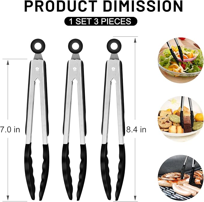 Hotec Mini Silicone Kitchen Tongs for Cooking - 7-Inch Small Serving Tongs with Silicone Tips, Set of 3 (Black)