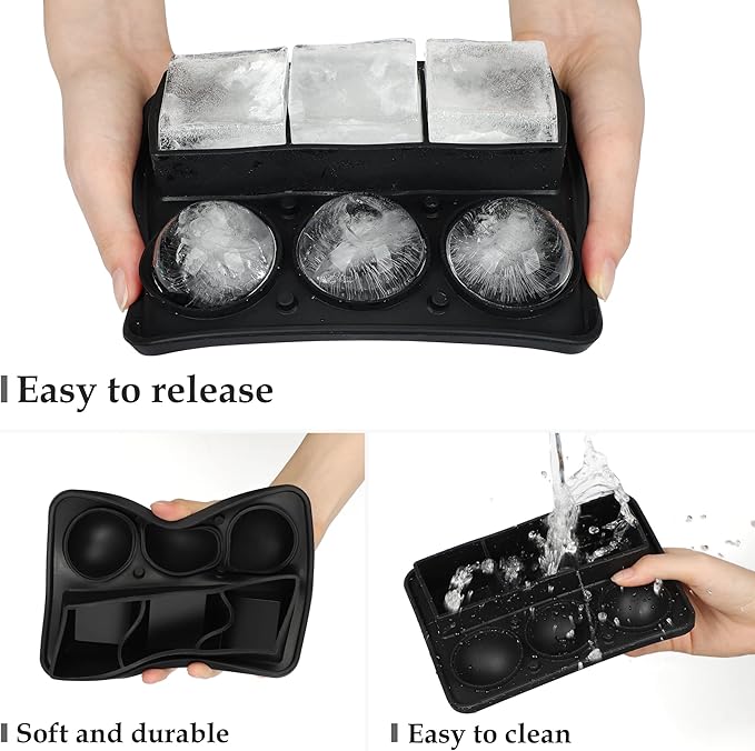 Ice Cube Trays 2 Pack, Morfone Silicone Round Ice Ball Molds& Square Large Ice Molds Combo with Lids, Funnel Design Easy-Release Reusable Ice Ball Maker for Whiskey, Cocktail, Bourbon, Homemade Drinks