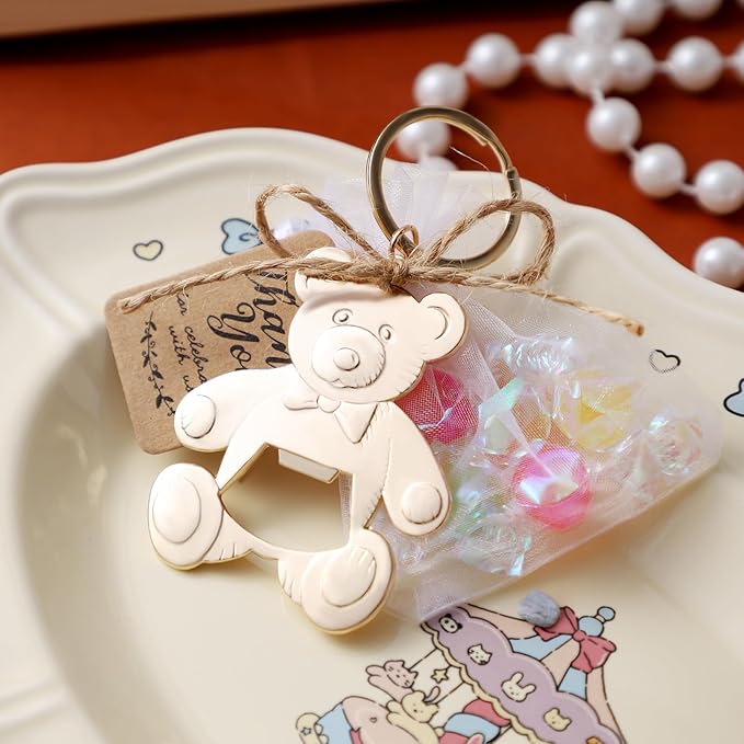 Bottle Openers Baby Shower Return Favors for Guests Cute Bottle Opener Decorations and Souvenirs with Organza Bags Tags for Theme Party Favors (Retro Style,73 pieces) (Teddy bear)