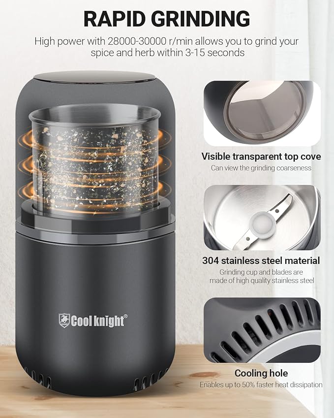 COOL KNIGHT Electric Herb Grinder [Large Capacity/High Rotating Speed] - Electric Grinder for Spices and Herbs (Grey 2)