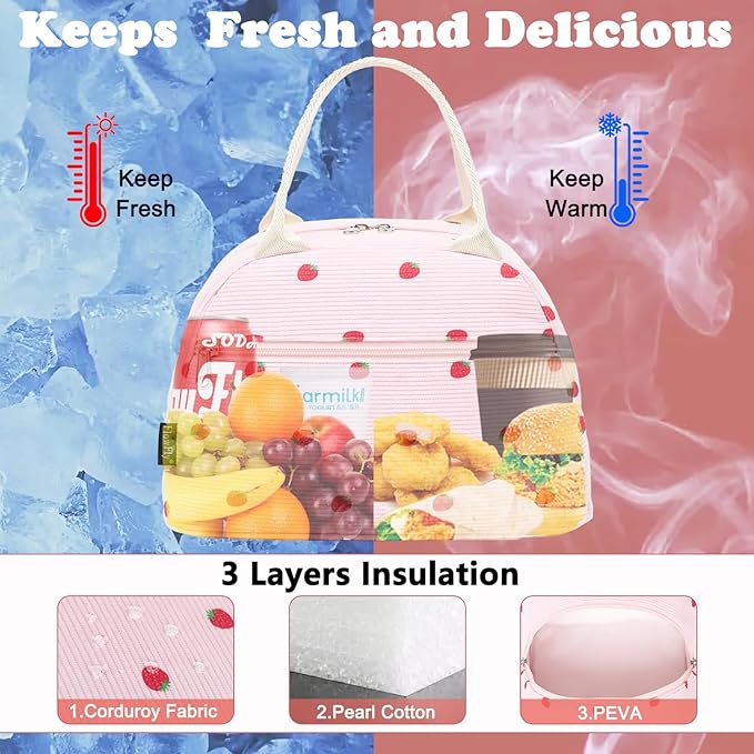 FlowFly Insulated Lunch Bag for Women – Corduroy Lunch Tote Box, Cute Cooler Bag for Work, Travel, Picnic,Corduroy Strawberries Pink