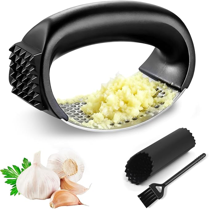 Stainless Steel Garlic Press Rocker Set - Heavy Duty Garlic Mincer, Crusher & Chopper with Silicone Peeler, Cleaning Brush - Effortless Smasher and Grinder Tool for Easy Kitchen Prep (Black)
