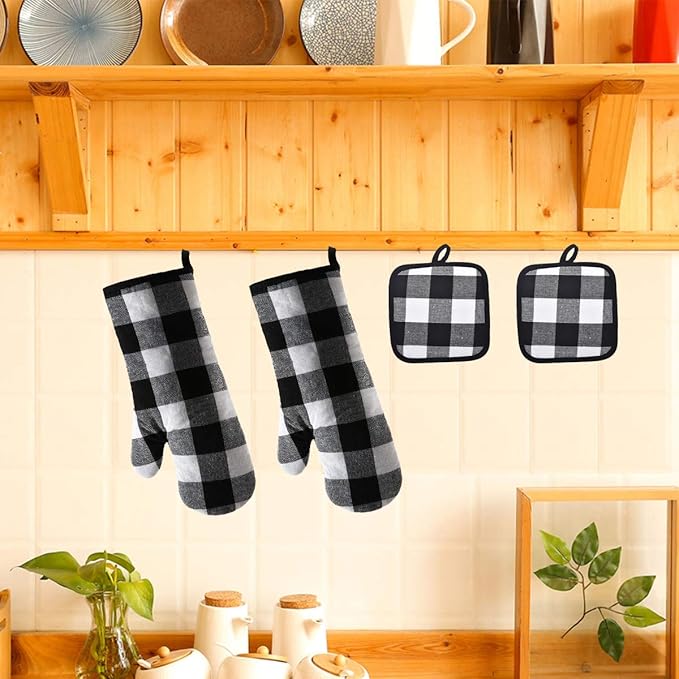 Oven Mitts and Potholders BBQ Gloves-Oven Mitts and Pot Holders with Recycled Infill Silicone Non-Slip Cooking Gloves for Cooking Baking Grilling (4-Piece Set) (Black/White)