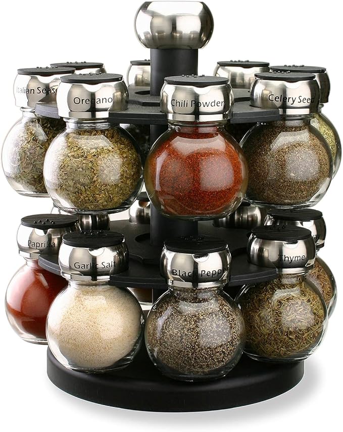 Olde Thompson Since 1944 Orbit Rotating Rack, 16 Refillable Spice Jars, Labeled Shaker Tops, 45, Black, Clear