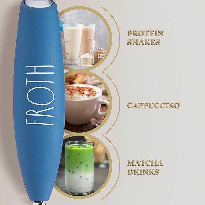 Rae Dunn Milk Frother- Handheld Electric Drink Mixer, Handheld Electric Milk Frother, Coffee Frother, Hand Blender, Frappe Maker, Handheld Latte Maker Milk Foamer (Navy)