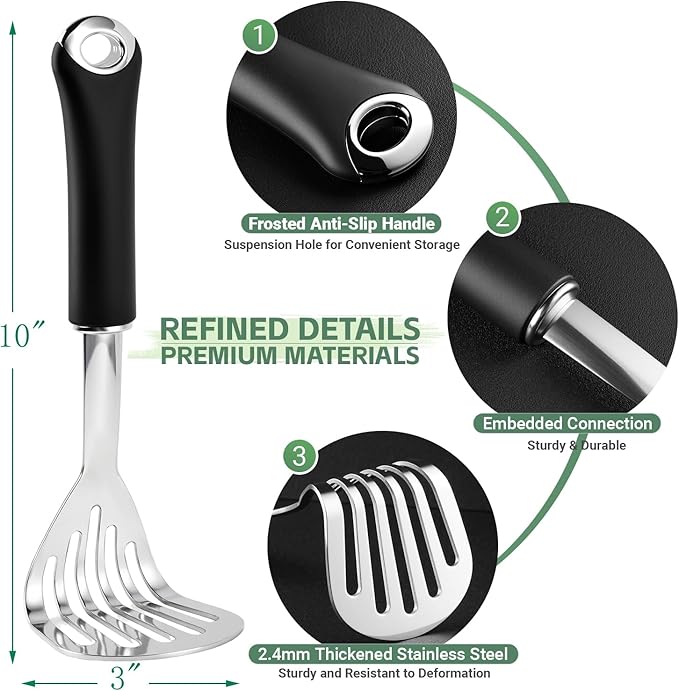Potato Masher Stainless Steel Heavy Duty Mashed Potato Masher Kitchen Tool for Mashed Potatoes, Bean,Vegetable,Fruits, Avocados, Meat,Dishwasher Safe, 10 Inch