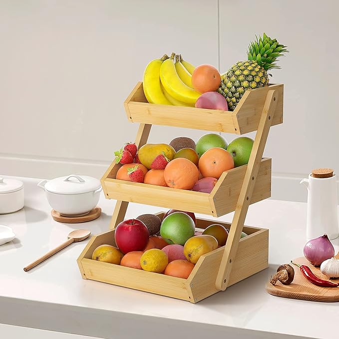 Large 3 Tier Bamboo Fruit Basket Stand for Kitchen Countertop – Fruit Holder – Suitable for Bread, Vegetables, Produce, Home Storage and Display