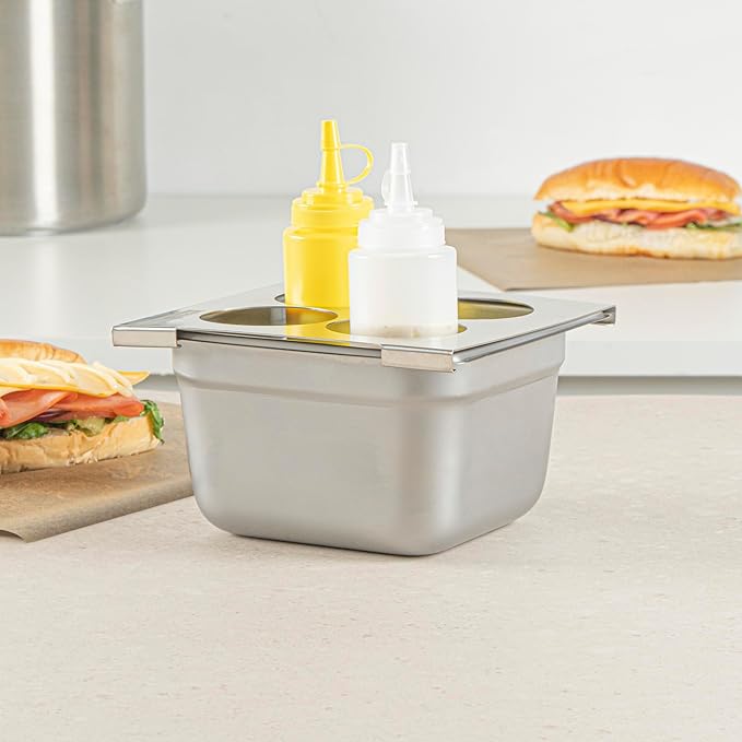 Restaurantware Squeeze Bottle Template Pack of 1 Stainless Steel 4 Hole Holder Top, 2.5" Diameter Fits 1/6 Size Food Pans, Dishwasher Friendly Integrated Lip Design Holder Top for Condiment Bottles