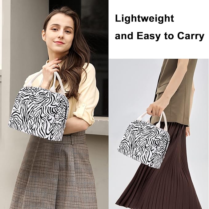 EurCross Sleek Black White Zebra-striped Lunch Tote Bag Trendy for Women, Lightweight, Reusable and Insulated Canvas Stylish Bento Box Bag for Adult Ladies on the go