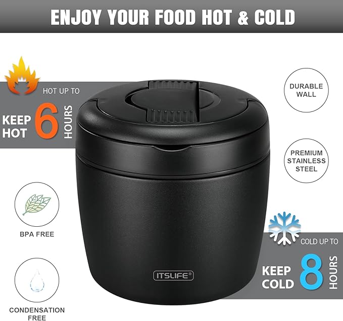 Soup Thermos for Hot Food Insulated Food Jar 32oz, Vacuum Insulated Stainless Steel Lunch Container - Wide Mouth Thermo for Soup & Food, Insulated lunch box Leakproof Bento Box with Spoon(Black)
