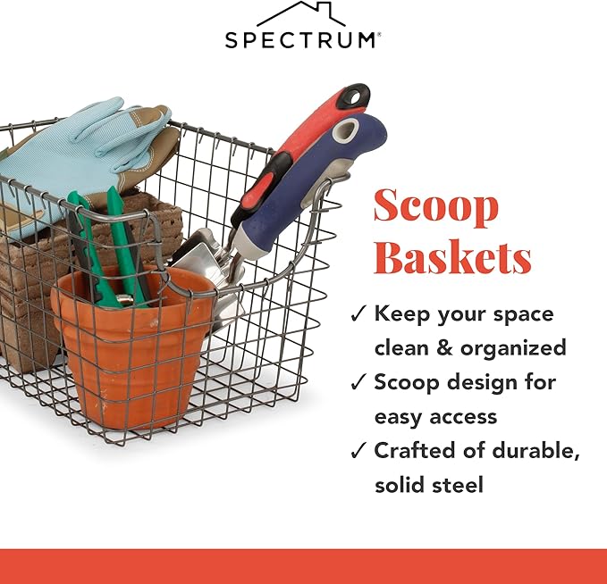Spectrum Small Wire Scoop Storage Basket Industrial Gray Metal Wire Basket Storage Organizer for Kitchen Pantry Cabinet Bathroom Organization, Farmhouse Style Open Front Wire Storage Bin for Pantry