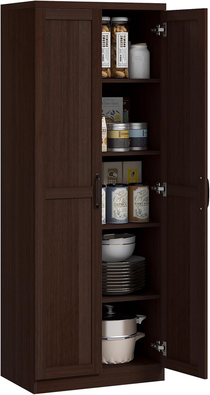 HOMCOM 63" 2-Door Kitchen Pantry, Freestanding Storage Cabinet with 5-Tier Shelving and 2 Adjustable Shelves for Dining Room, Cinnamon Cherry Wood Grain