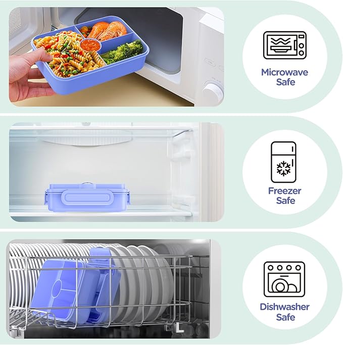 Jelife Bento Lunch Box for Kids - Large Bento-Style Leakproof Bento Boxes with 4 Compartments Lunchbox with Silverware for Kids Back to School, Reusable On-the-Go Meal and Snack Containers,Macaron