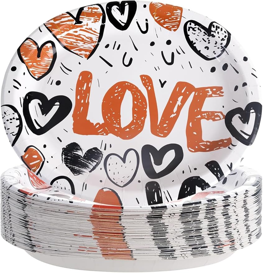 WDF 50PCS Heart Paper Plates -10"x12" Heart Plates Disposable -Love Design Valentines Plates for Weddings/Anniversary Birthday Party Thanksgiving