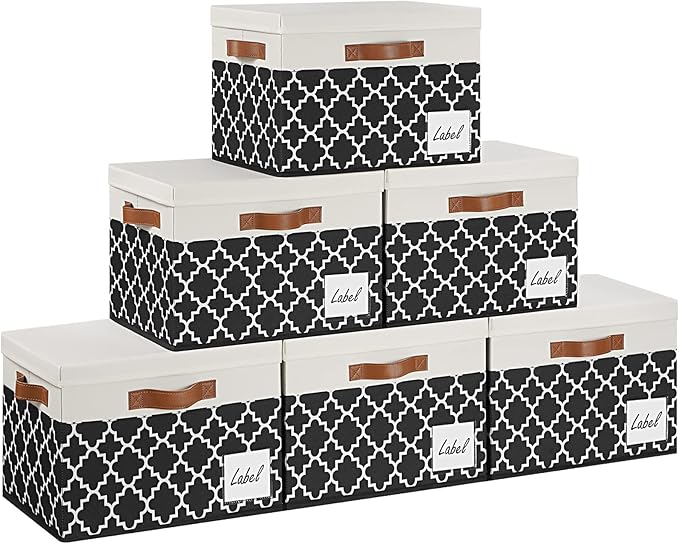 GhvyenntteS 6 Pack Fabric Storage Bins with Lids, Foldable Fabric Storage Boxes with Lids and 3 Handles, Sturdy Closet Organizers and Storage Bins with Label Window for Home (White&Lattice Black)