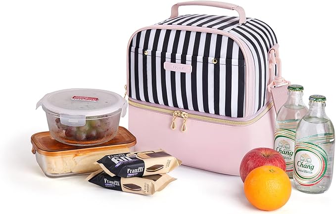 TOURIT Lunch Bag Women Double Deck Lunch Box Insulated Lunch Cooler for Women Men Work, Pink Stripes