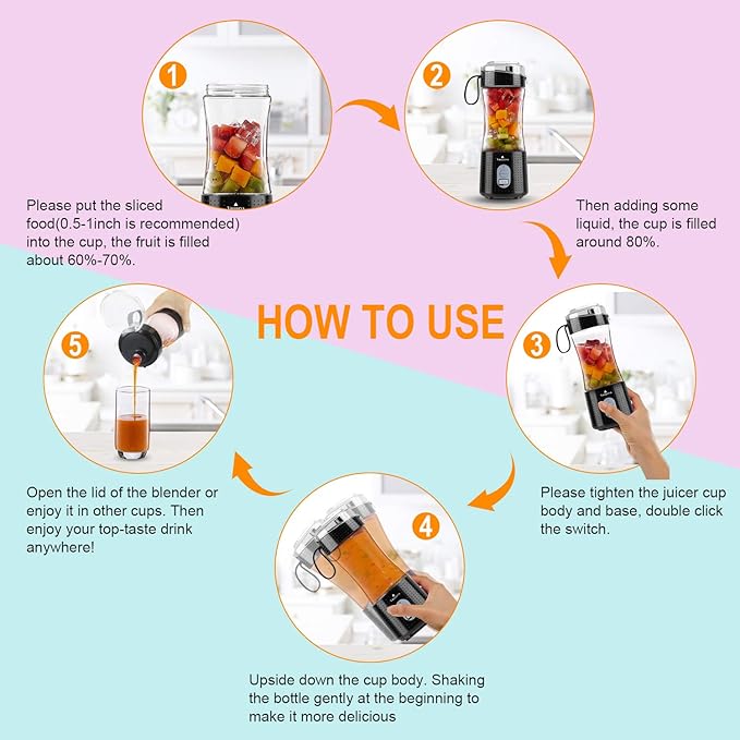Vaeqozva Portable Blender USB Rechargeable Personal Mixer Fruit 12.8 Oz Mini Blender for Smoothie, Fruit Juice, Protein Shake, Milk Shakes