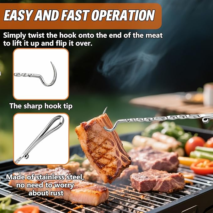 Stainless Steel Meat Hook Flipper, Handmade BBQ Turner Hooks, BBQF Turner Hooks, Flips Cooking Hooks for Grilling Smoking Frying (Stainless Steel - B)