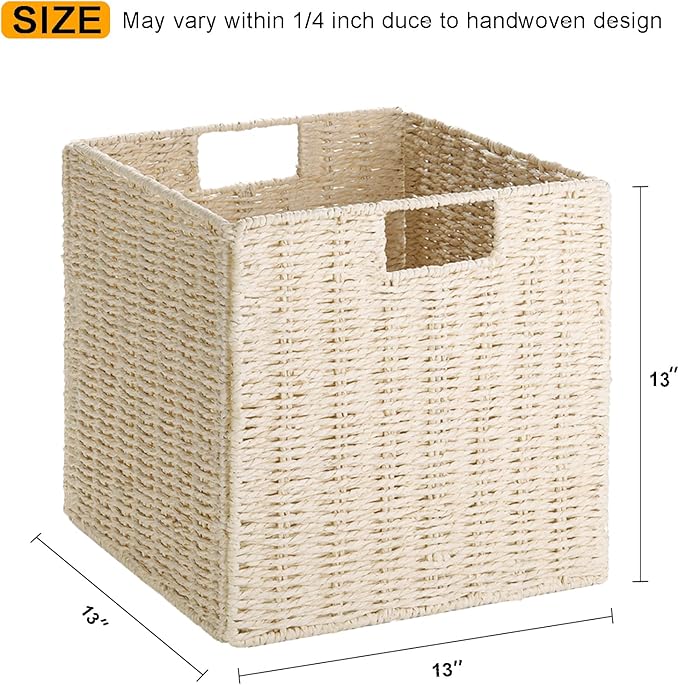 Vagusicc Wicker Storage Basket, Set of 2 Hand-Woven Paper Rope Wicker Baskets, Foldable Cube Storage Bins, Beige Storage Basket, Square Baskets for Organizing Shelves & Decor, Beige(13″×13″×13″)