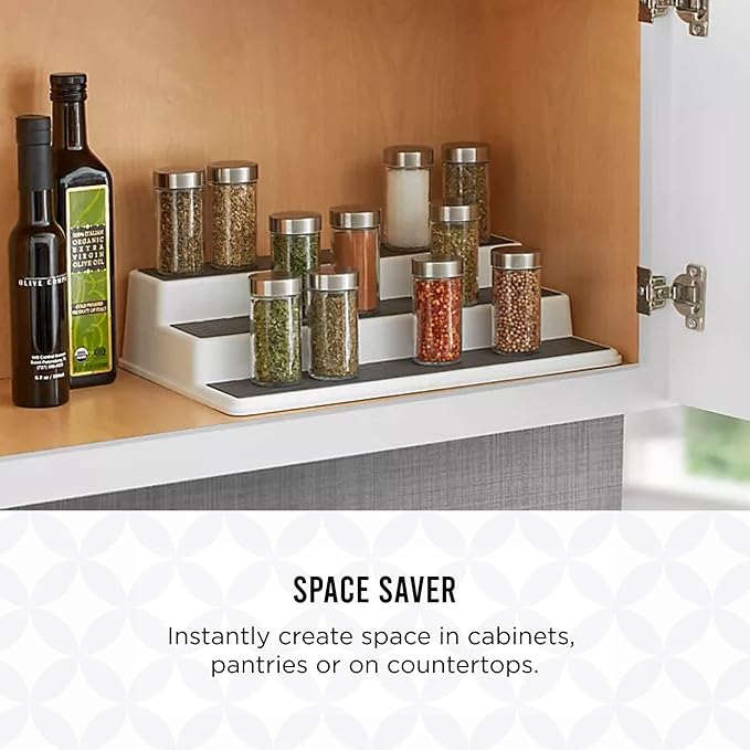 Copco 3-Tier Spice Rack Organizer for Cabinet or Pantry, 10-Inch Non-Skid Tiered Shelf, White/Gray Design Holds Spice Jars, Cans, and Bottles