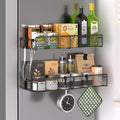 Magnetic Spice Rack for Refrigerator, 2 Pack 100% Metal Strong Magnet Shelf Black, Moveable Spice Organizer with Hooks, Magnetic Fridge Shelf for Kitchen Home Laundry Room Organization and Storage