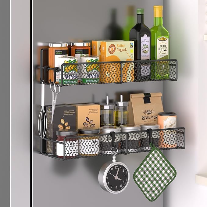 Magnetic Spice Rack for Refrigerator, 2 Pack 100% Metal Strong Magnet Shelf Black, Moveable Spice Organizer with Hooks, Magnetic Fridge Shelf for Kitchen Home Laundry Room Organization and Storage