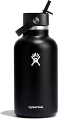 Hydro Flask Water Bottle - Insulated Stainless Steel - Wide Mouth Flex Straw Lid, Non Spill, Leakproof and Refillable in 64 Oz Black