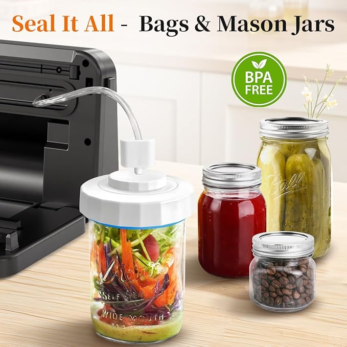 Vacuum Sealer Machine with UV-C Light, Includes Mason Jar Sealer Kit and 2 Bag Rolls, Digital Display & Built-in Cutter, Fully Automatic Dry & Moist Modes, Compact for Food Storage and Sous Vide