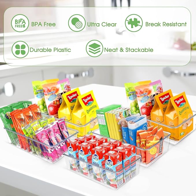 Snack Organizer for Pantry Shelf, 4 Pack Clear Plastic Pantry Storage Bins with 3 Dividers for Snacks, Spices, Chips Food Organizer, Stackable Pantry Organizers for Kitchen, Fridge, Cabinet