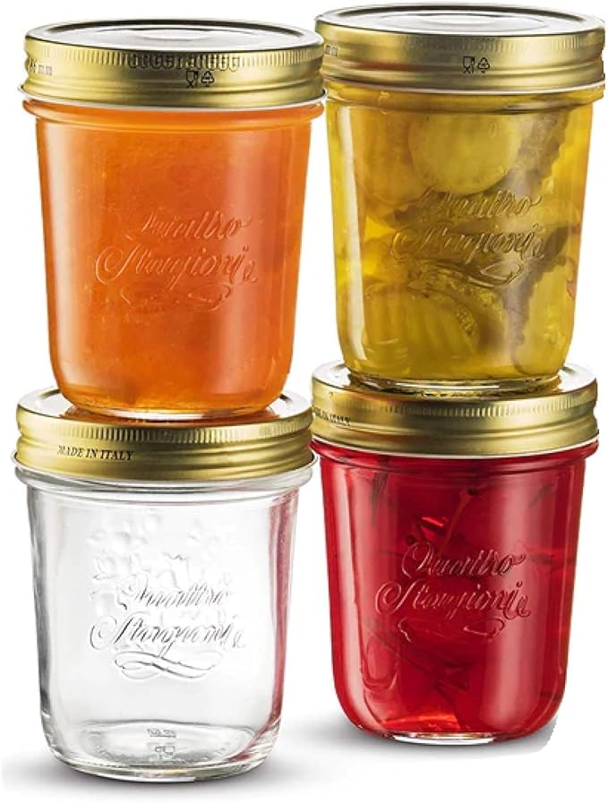Bormioli Rocco Quattro Stagioni set of 4 Clear Airtight Mason Jars, 10.75 Oz. Made from Durable Glass, Made In Italy