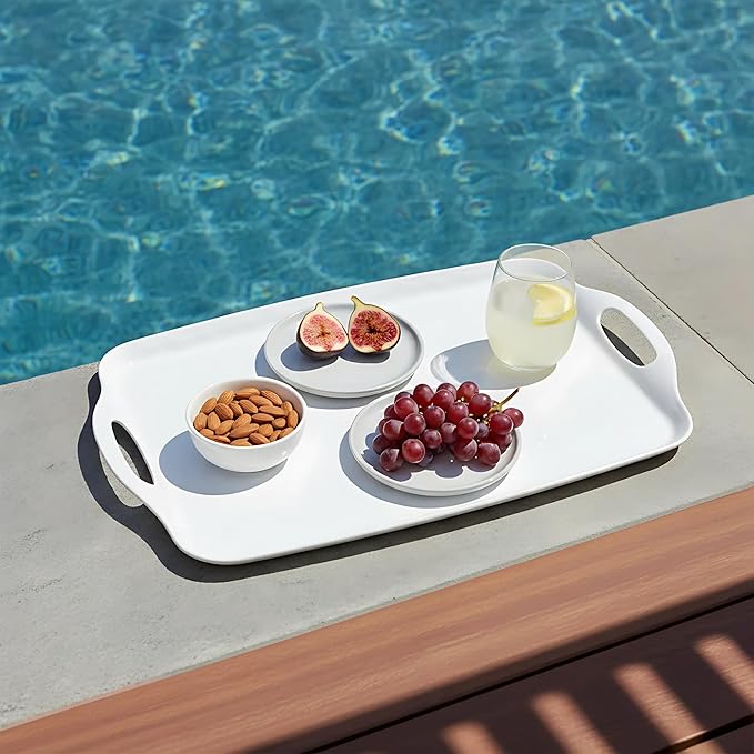 TP Serving Trays with Handles, 17 x 12 Inch Melamine Serving Platters for Food, Meat, Set of 2 Rectangular Trays for Eating, Pure White
