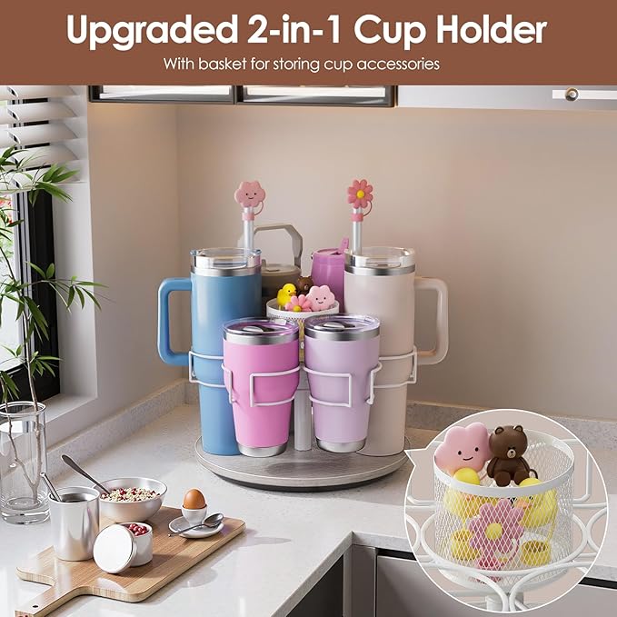 Water Bottle Organizer for 20/30/40oz Stanley & Other Large Tumbler, 6 Slots Stanely Cup Organizer with Straw Sleeve, Cup Bottle Holder for Cabinet Home Countertop Pantry Shelf,Gray