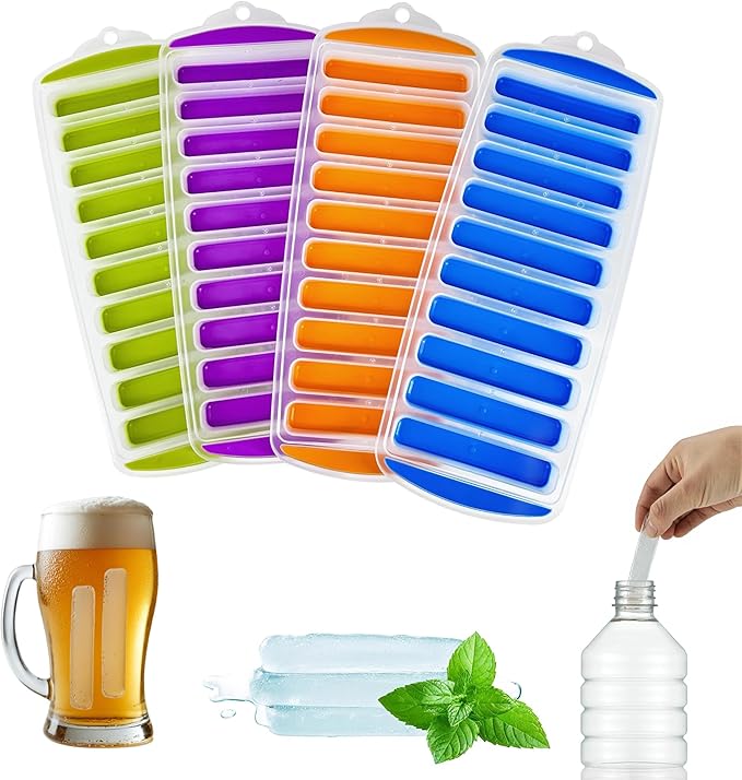 Lily's Home Set of 4 Silicone Ice Cube Tray without Lid, BPA-Free, Ideal for Water Bottles &Sports Bottles,Stackable Design for Quick Release, Skinny Ice Cube Trays for Freezer(11.81"x4.61"x0.75")