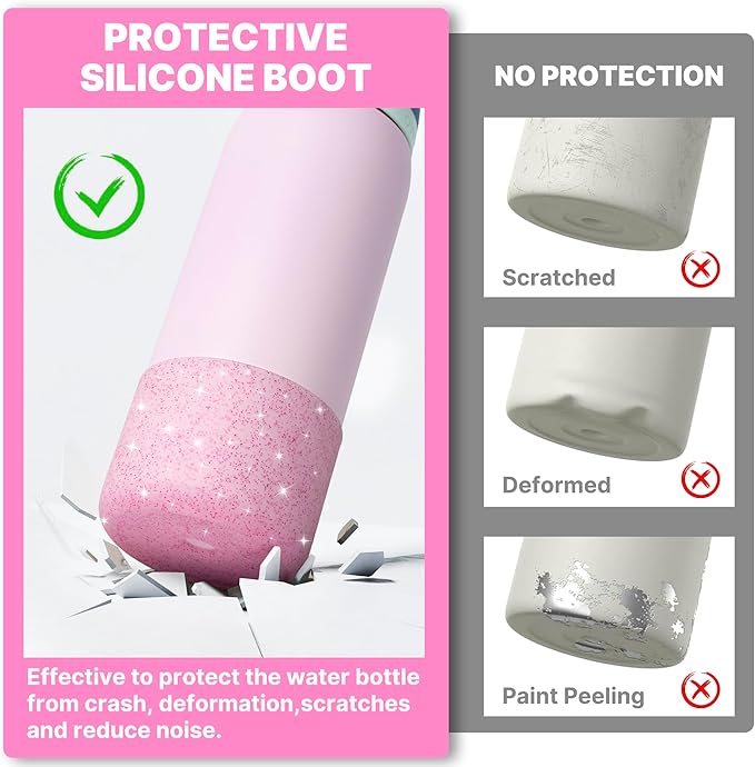 Silicone Water Bottle Boot for Owala 40 oz, Anti-Slip Protective Sleeve for Owala Twist & FreeSip & Flip Stainless Steel Water Bottle, Boot Bottom Base (Glitter Pink)