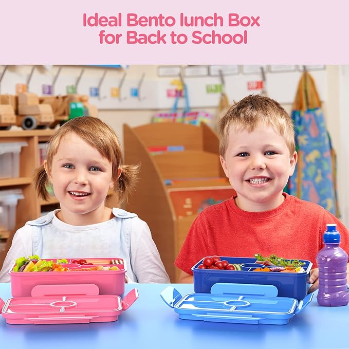 Jelife Kids Lunch Bento Box, Large Bento-Style Leakproof Boxes 4 Compartments Girls Snack Containers with Tableware for Back to School, Reusable On-the-Go Meal and Packing, Pink