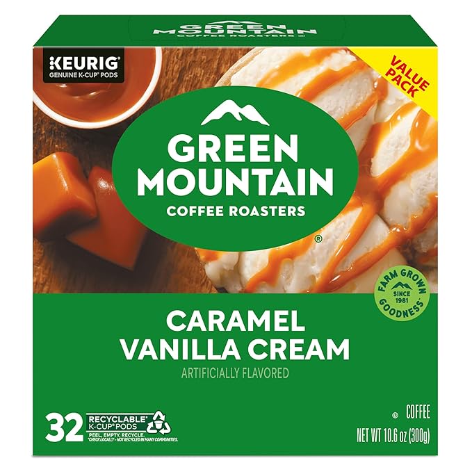Green Mountain Coffee Roasters Caramel Vanilla Cream, Single-Serve Keurig K-Cup Pods, Flavored Light Roast Coffee Pods, 32 Count