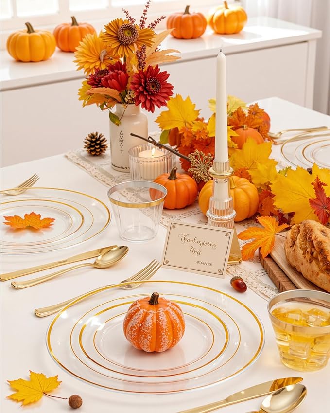 bUCLA 300Pcs Clear Gold Plastic Disposable Dinnerware Set - Clear Plates with Gold Trim Include 50 Dinner / 50 Dessert Plates,50 Cups,150 Plastic Silverware Set for Party, Fall & Thanksgiving
